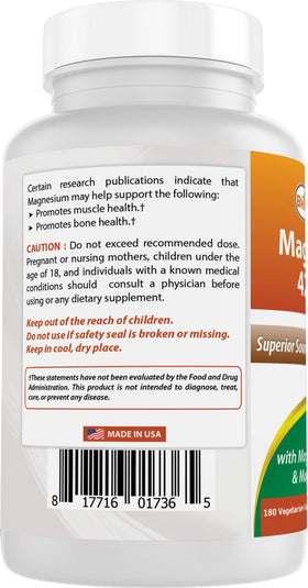 Flacon de Best Naturals Magnésium 425 mg sur une table