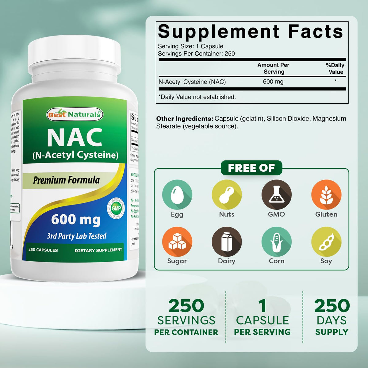 Flacon de Best Naturals NAC N-Acetyl-Cystéine avec étiquette