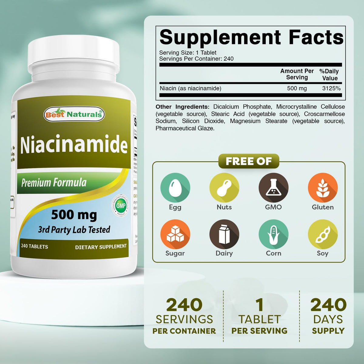 Flacon de Best Naturals Niacinamide 500mg de face