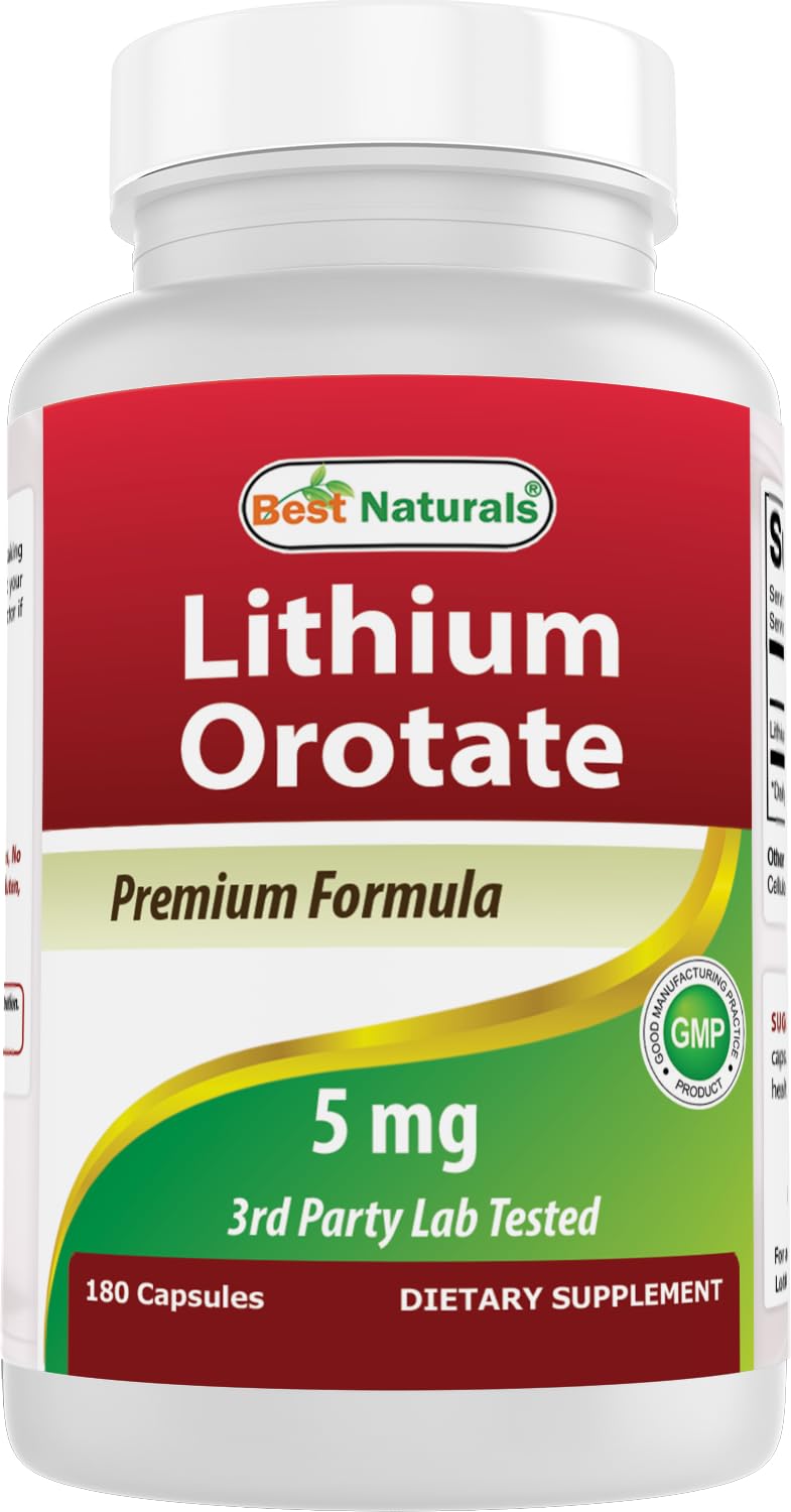 Flacon de Best Naturals Orotate de Lithium 5 mg 180 Capsules vue de face