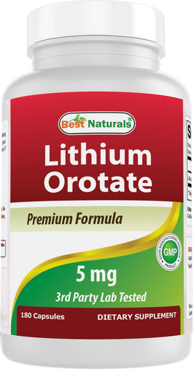 Flacon de Best Naturals Orotate de Lithium 5 mg 180 Capsules vue de face
