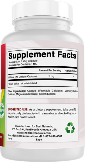 Flacon de Best Naturals Orotate de Lithium 5 mg ouvert