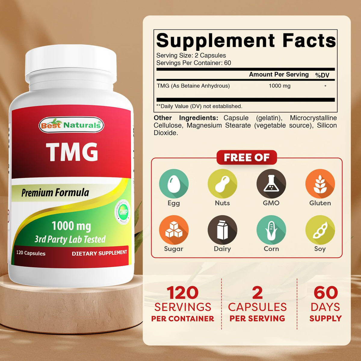 Flacon de Best Naturals TMG Triméthylglycine avec étiquette claire