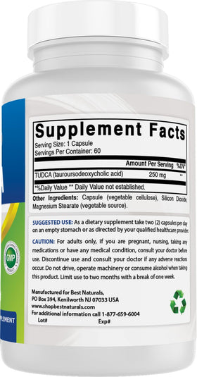 Flacon de Best Naturals TUDCA ouvert avec capsules visibles