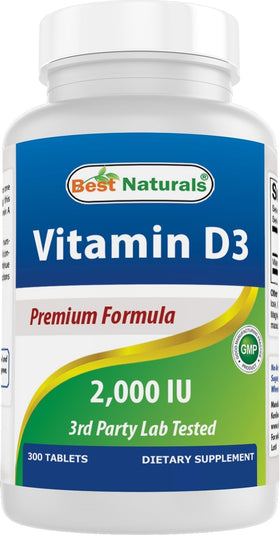 Flacon de Best Naturals Vitamine D3 2000 IU 300 comprimés vue de face