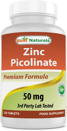 Flacon de Best Naturals Zinc Picolinate 50mg, 120 comprimés