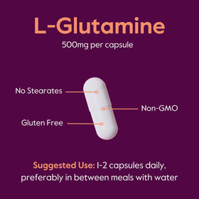 Flacon de BESTVITE L-Glutamine 500mg sur un fond blanc