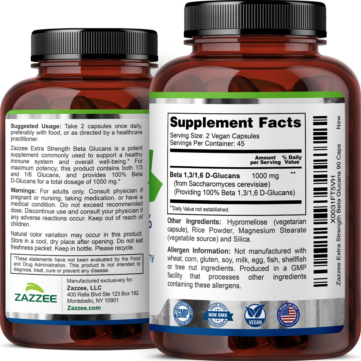 Flacon de Beta Glucans Zazzee ouvert avec capsules visibles