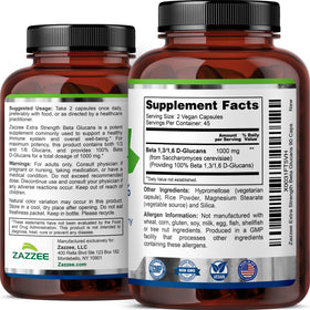 Flacon de Beta Glucans Zazzee ouvert avec capsules visibles