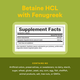 Flacon de Betaïne HCL 500 mg Natural Factors ouvert avec capsules visibles