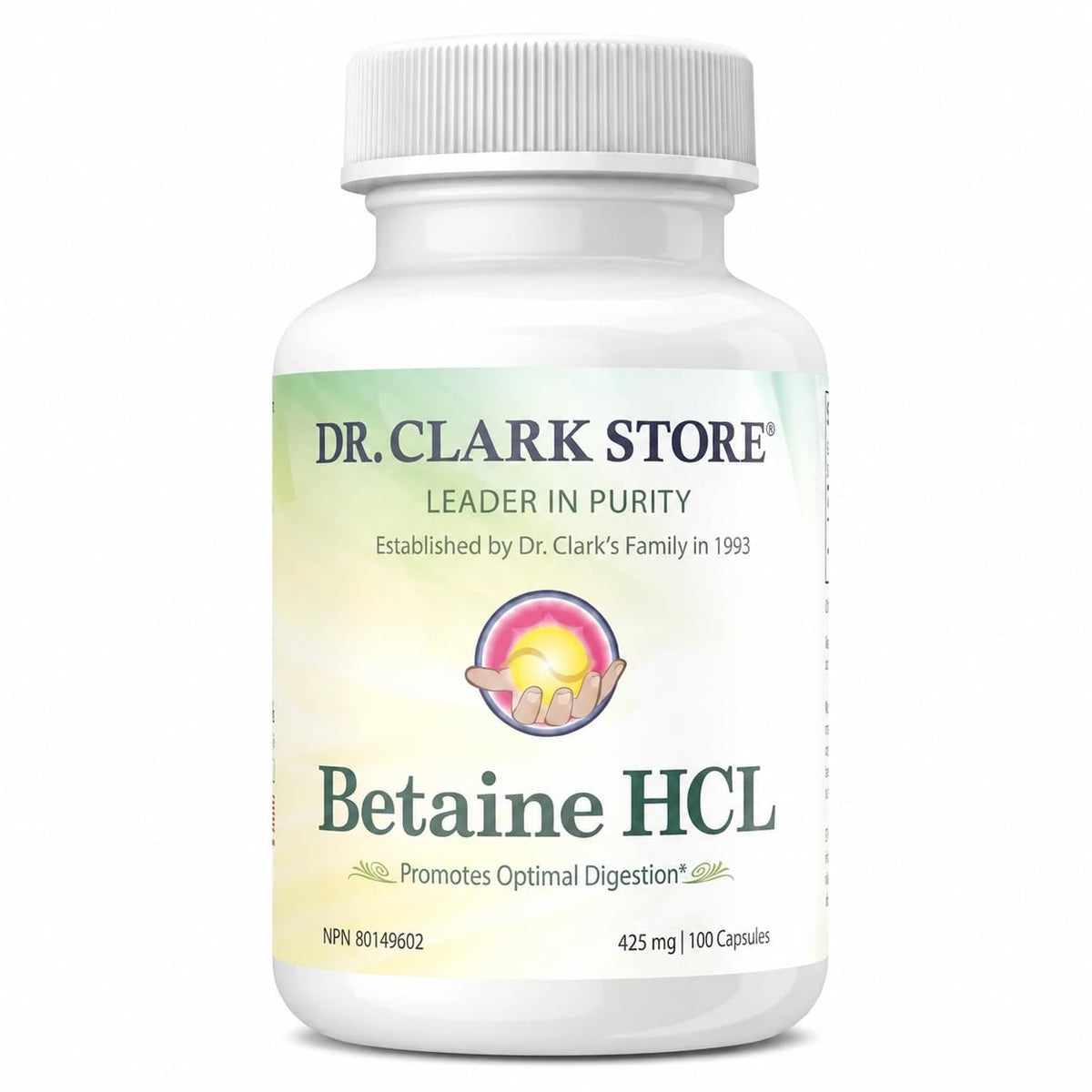Flacon de Betaïne HCL Dr Clark Store avec 100 capsules de 425 mg