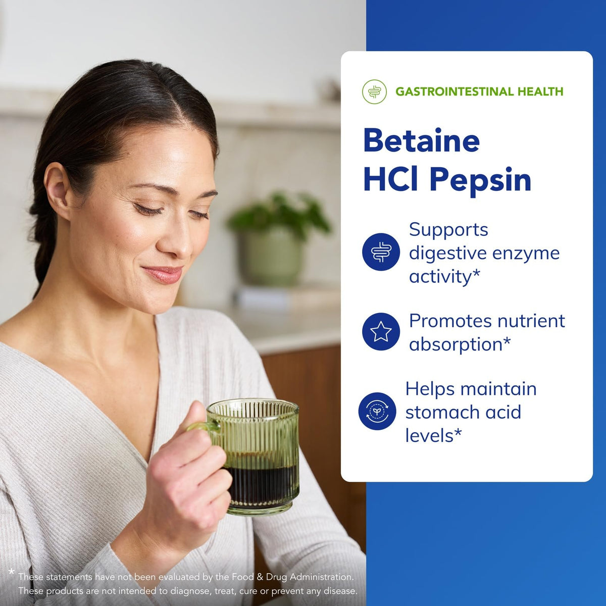 Flacon de Betaine HCl Pepsin avec étiquette et informations