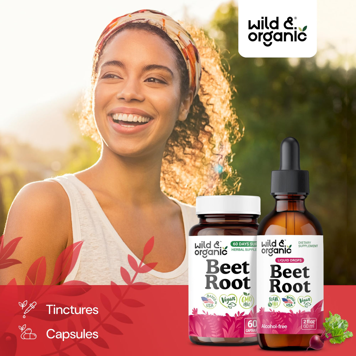Flacon de betterave Wild & Organic avec gouttes visibles