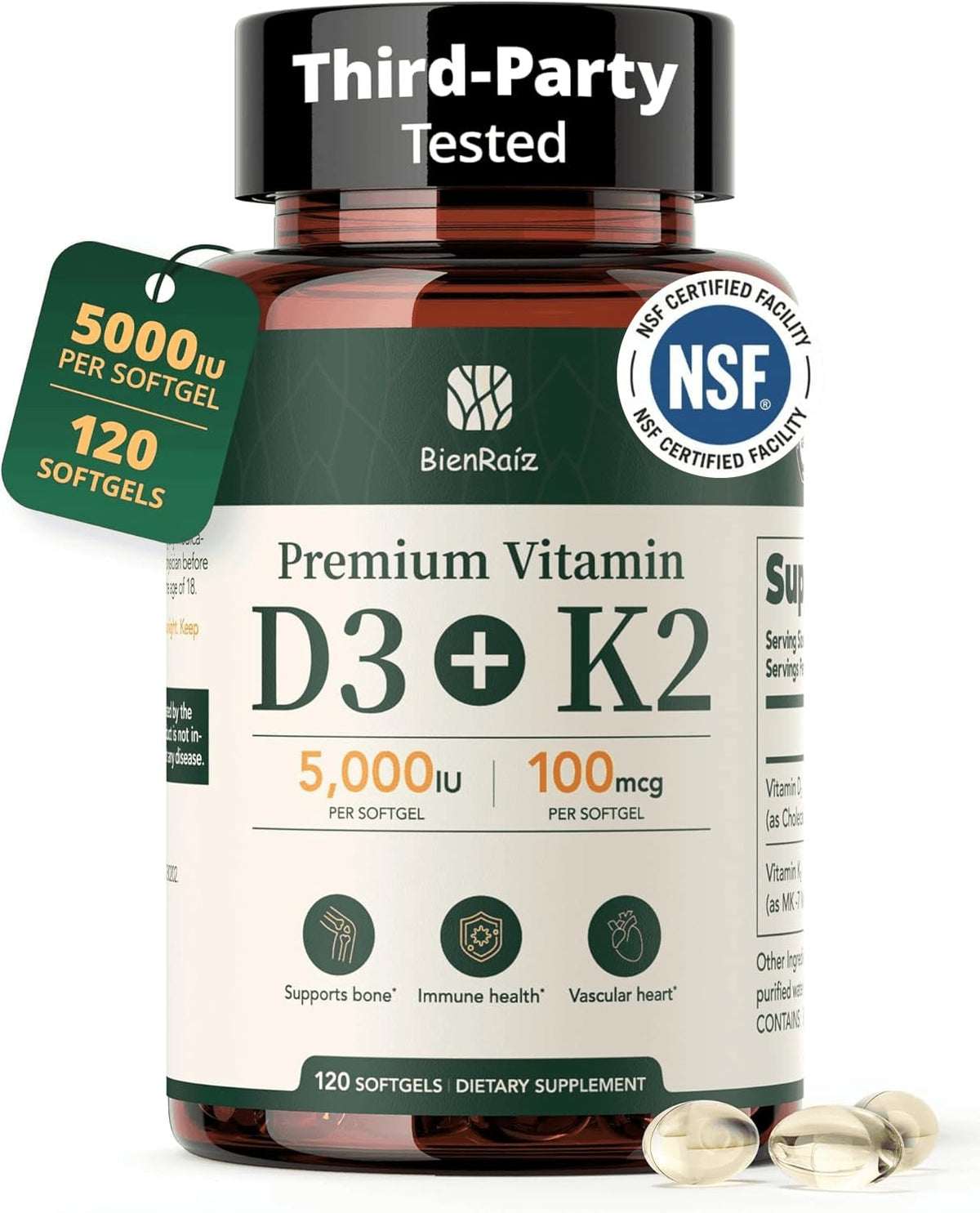Flacon de BienRaíz Vitamine D3 K2 5000UI 120 gélules molles