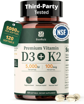 Flacon de BienRaíz Vitamine D3 K2 5000UI 120 gélules molles