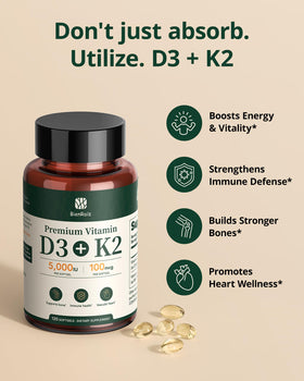 Flacon de BienRaíz Vitamine D3 K2 ouvert avec gélules