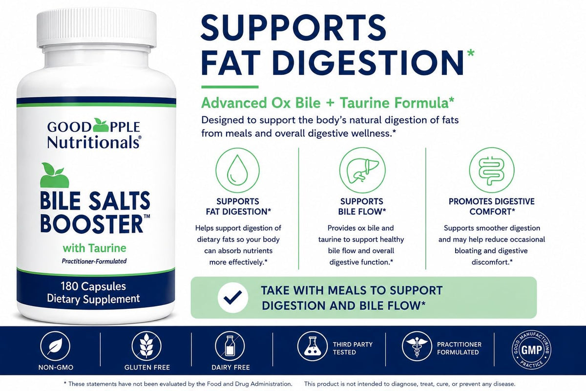 Flacon de Bile Salts support GOODAPPLE NUTRITIONALS ouvert avec capsules visibles