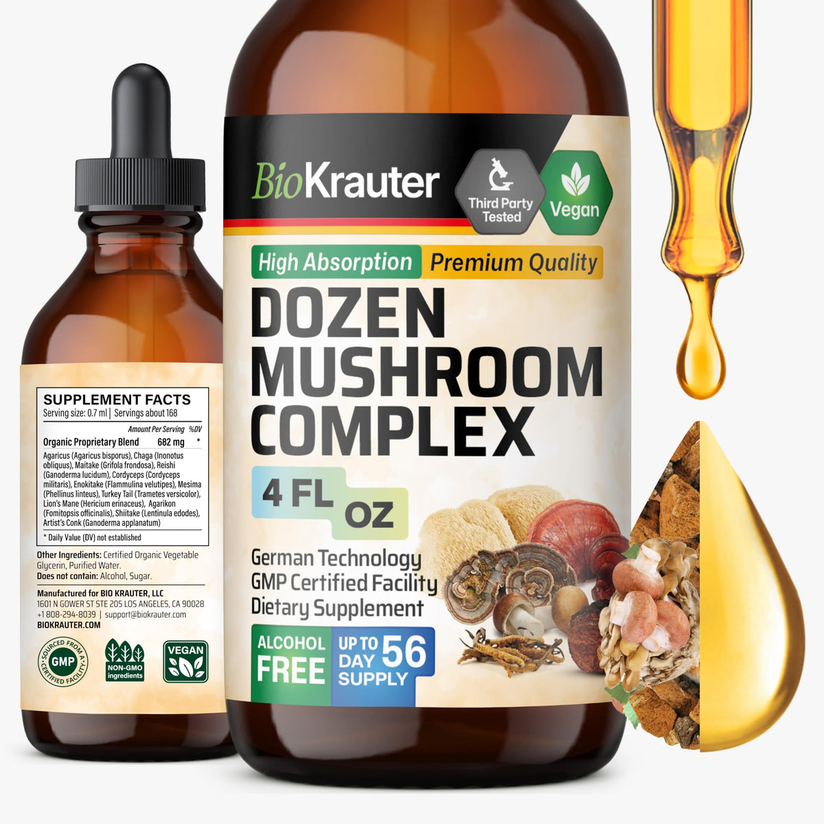 Flacon de BIO KRAUTER Complément Alimentaire Champignons 12 en 1 4 Fl.Oz