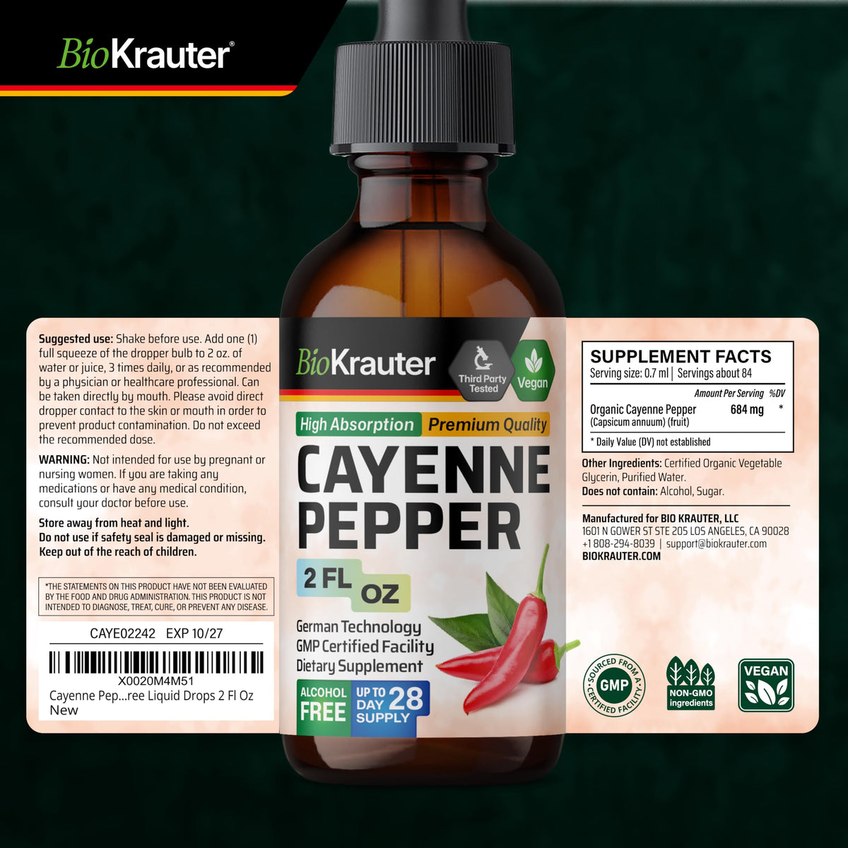 Flacon de BIO KRAUTER Extrait de Poivre de Cayenne avec une cuillère doseuse