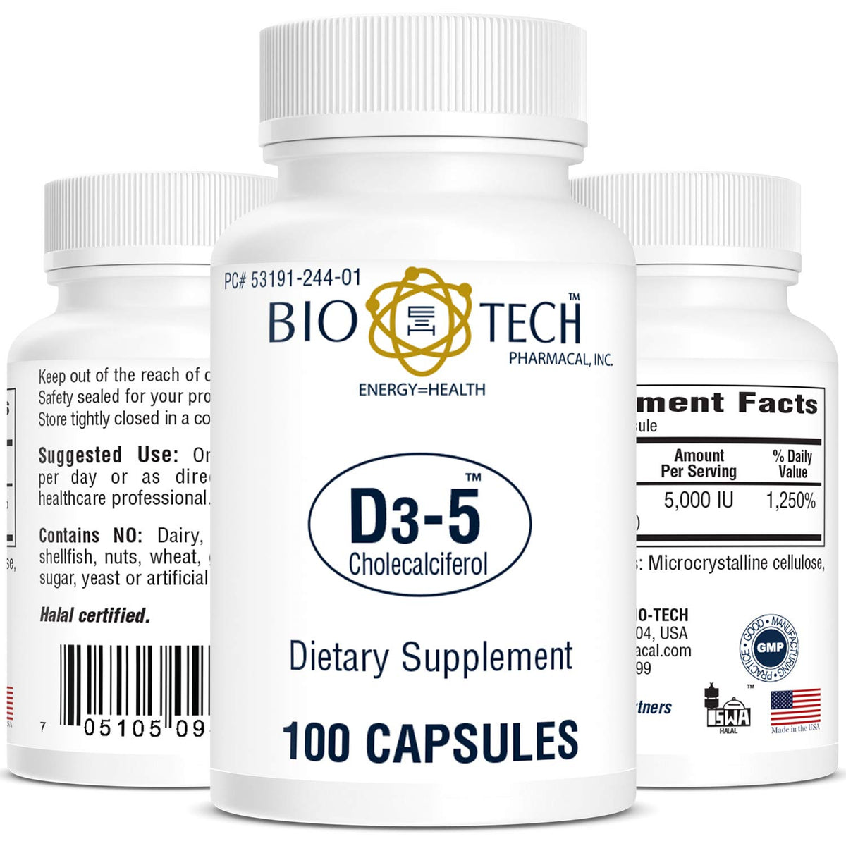 Flacon de Bio-Tech Pharmacal Vitamine D 5000 IU, 100 capsules