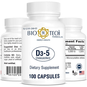 Flacon de Bio-Tech Pharmacal Vitamine D 5000 IU, 100 capsules