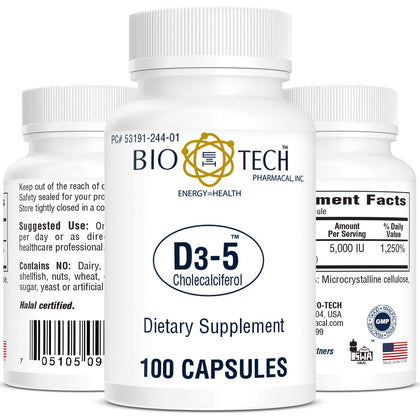 Flacon de Bio-Tech Pharmacal Vitamine D 5000 IU, 100 capsules