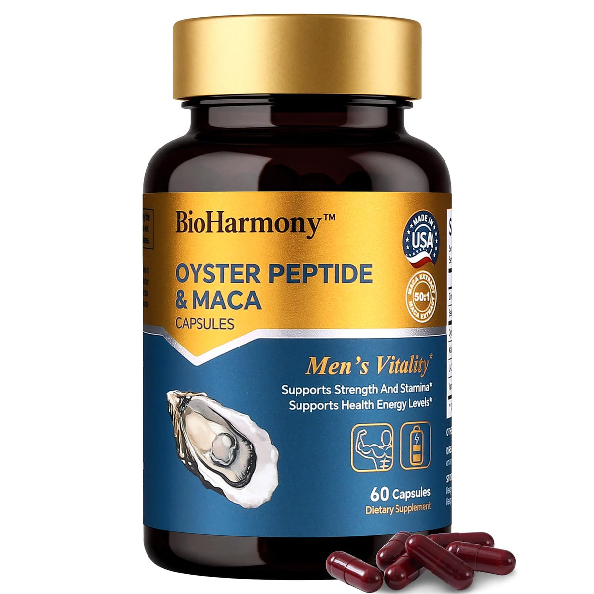 Flacon de BioHarmony Extrait d'Huitre et Racine de Maca 60 capsules