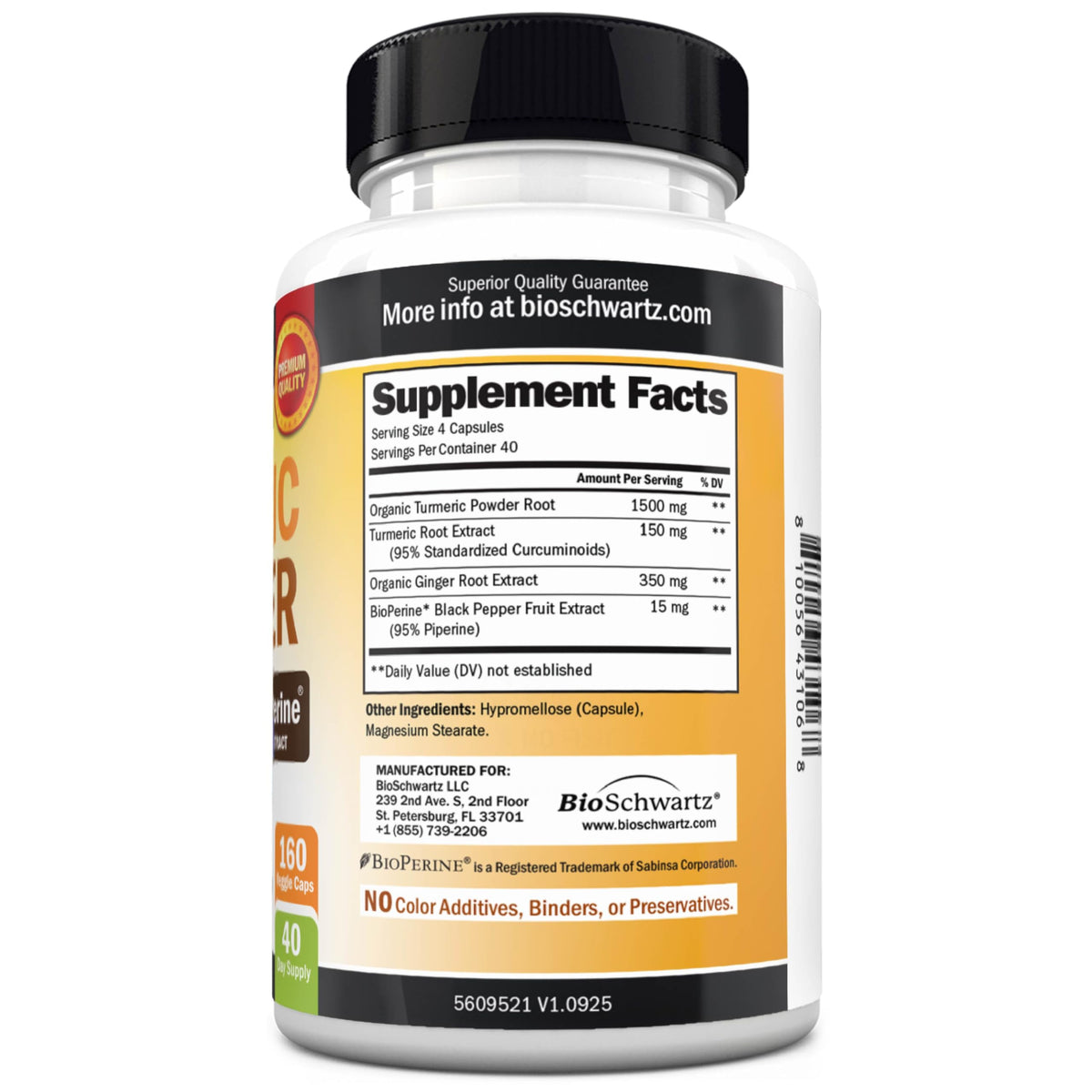Flacon de BioSchwartz avec capsules de curcuma et gingembre sur fond neutre