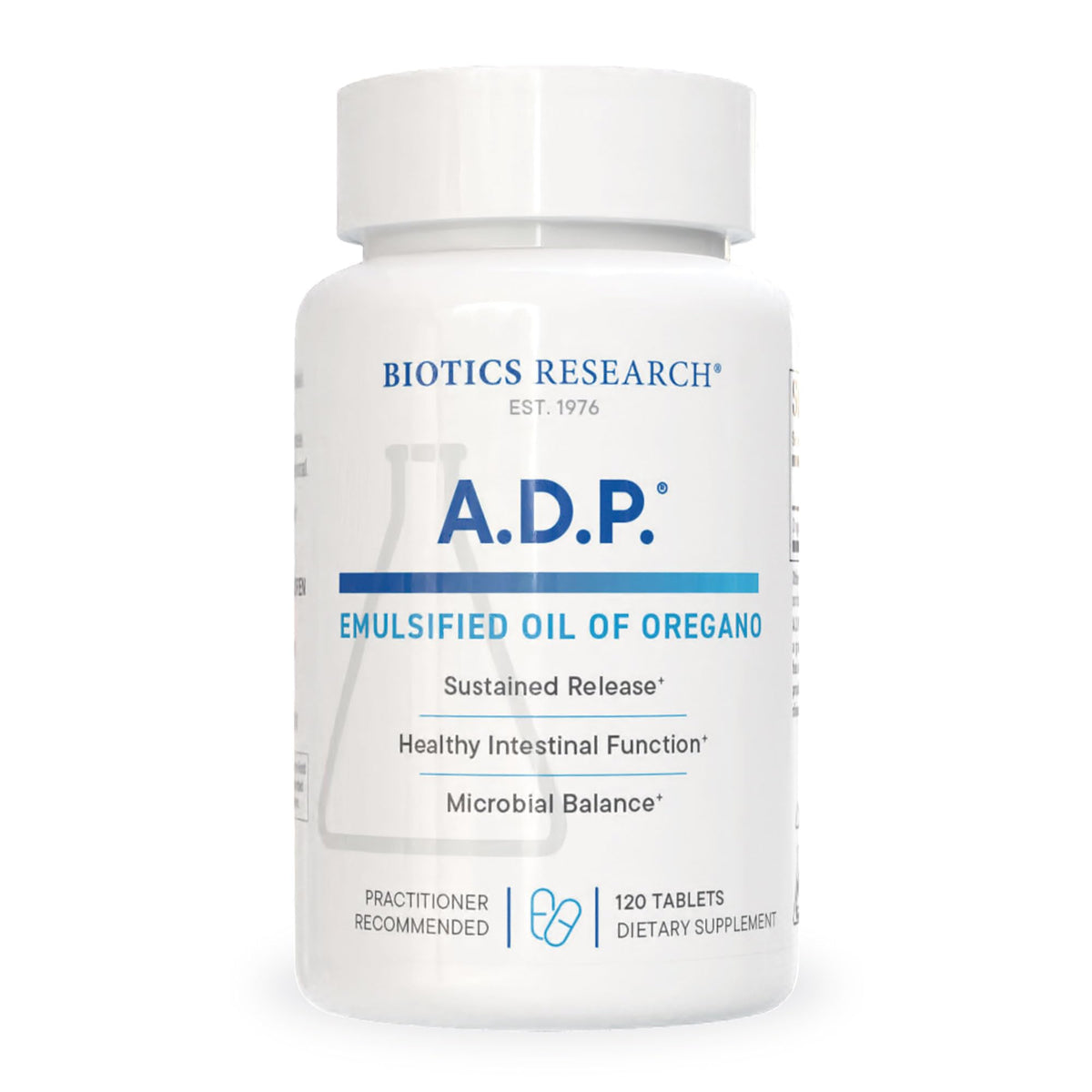Flacon de BIOTICS RESEARCH A.D.P. Huile d'Origan Émulsifiée 50mg, 120 comprimés