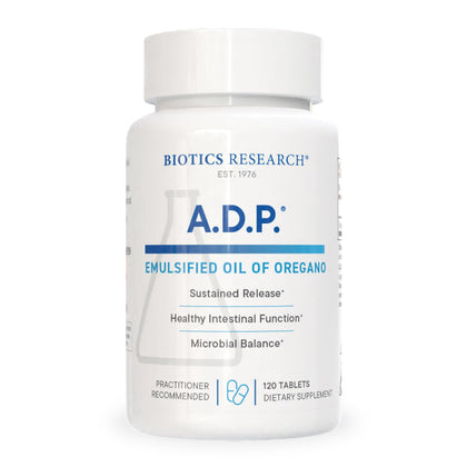 Flacon de BIOTICS RESEARCH A.D.P. Huile d'Origan Émulsifiée 50mg, 120 comprimés