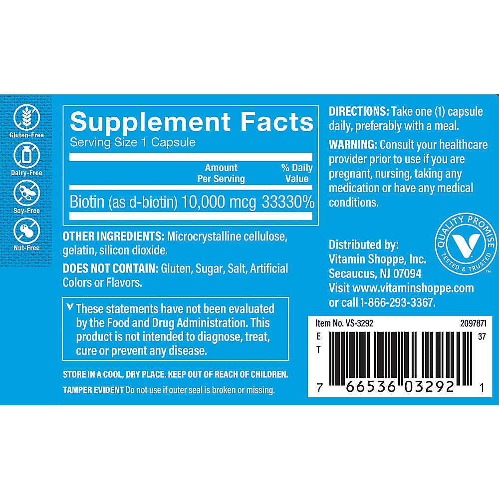 Flacon de Biotine 1 000 MCG de The Vitamin Shoppe, vue de côté