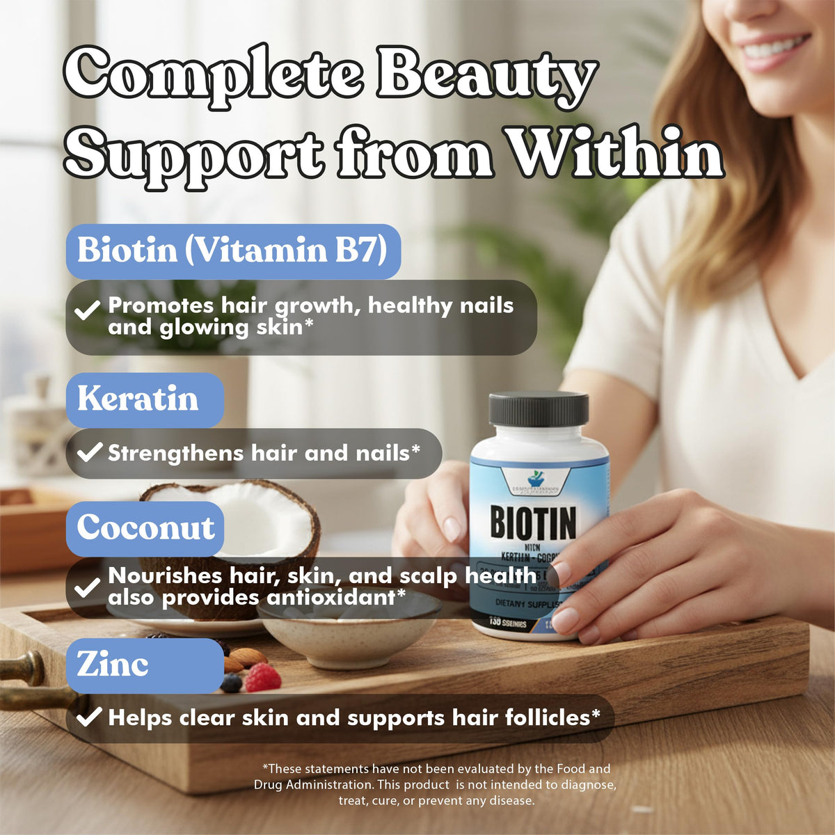 Flacon de Biotine 20 000 mcg sur une table