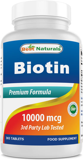 Flacon de Biotine Best Naturals 10 000 mcg avec 365 comprimés