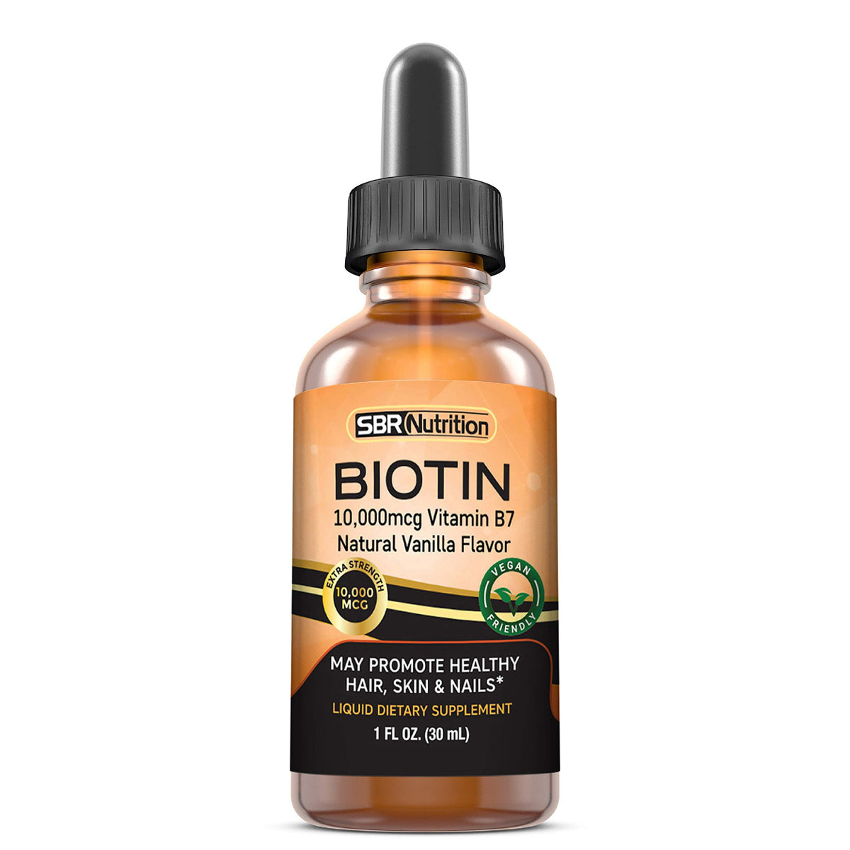 Flacon de biotine liquide SBR Nutrition 10000mcg 60 doses vue de face