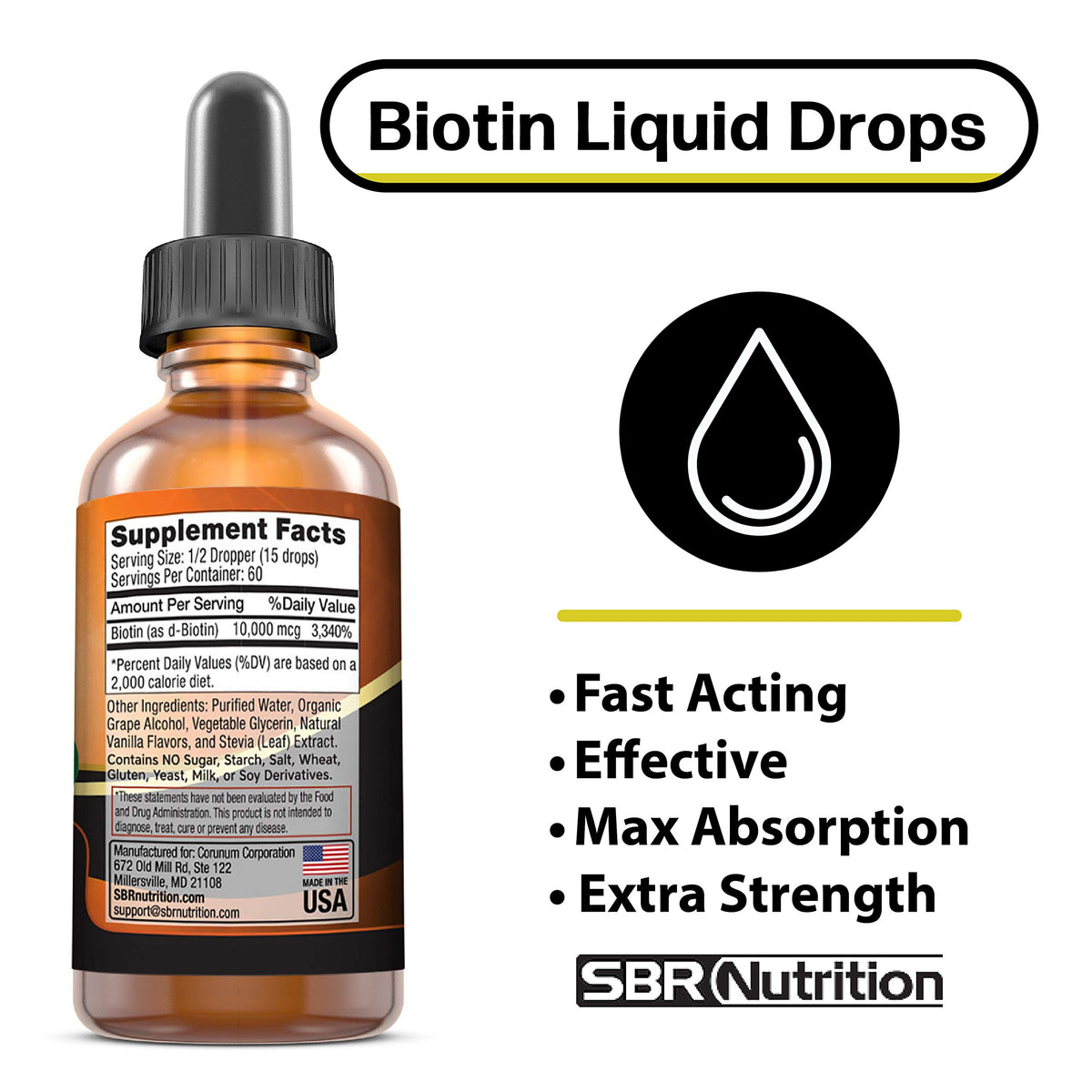 Flacon de biotine liquide SBR Nutrition avec bouchon ouvert