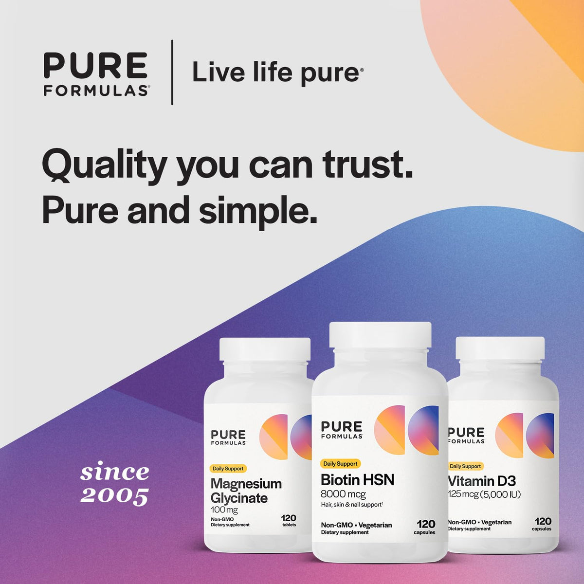 Flacon de biotine PureFormulas avec des ingrédients naturels en arrière-plan