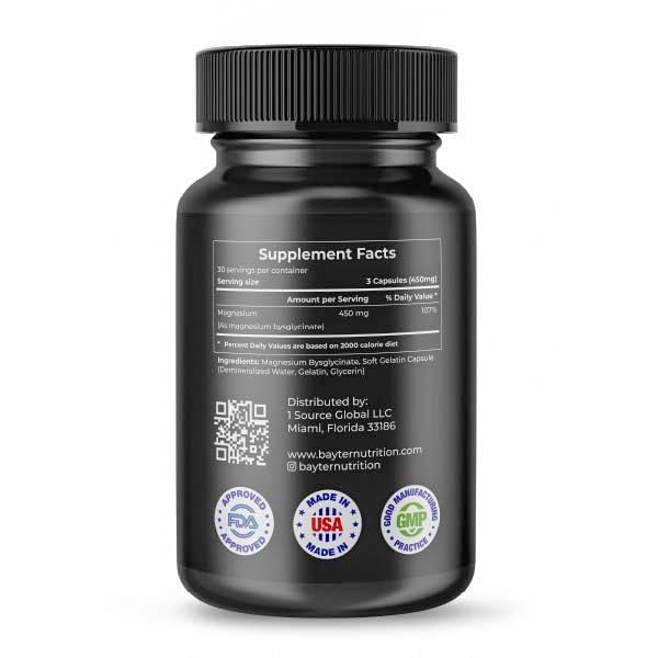 Flacon de Bisglycinate de Magnésium Bayter Nutrition avec capsules à l'intérieur
