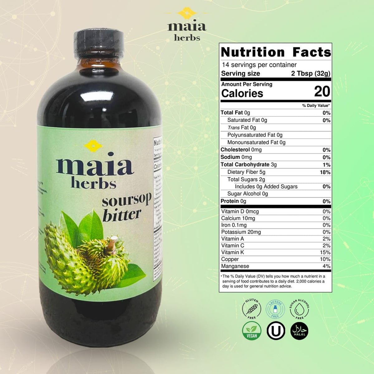 Flacon de Bitters de Graviola Maia Herbs sur fond blanc