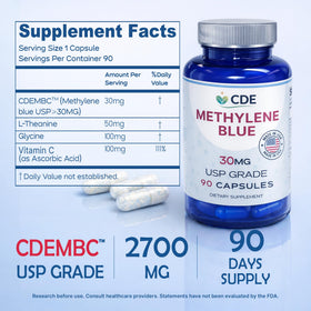 Flacon de bleu de méthylène CDE 30mg avec capsules visibles