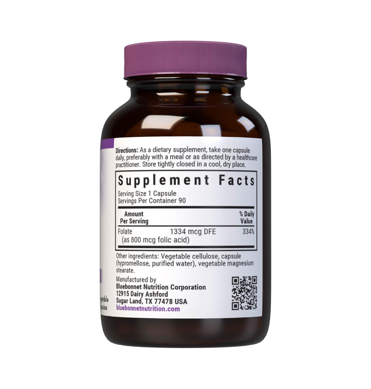 Flacon de BlueBonnet Acide Folique 800mcg, étiquette et contenu
