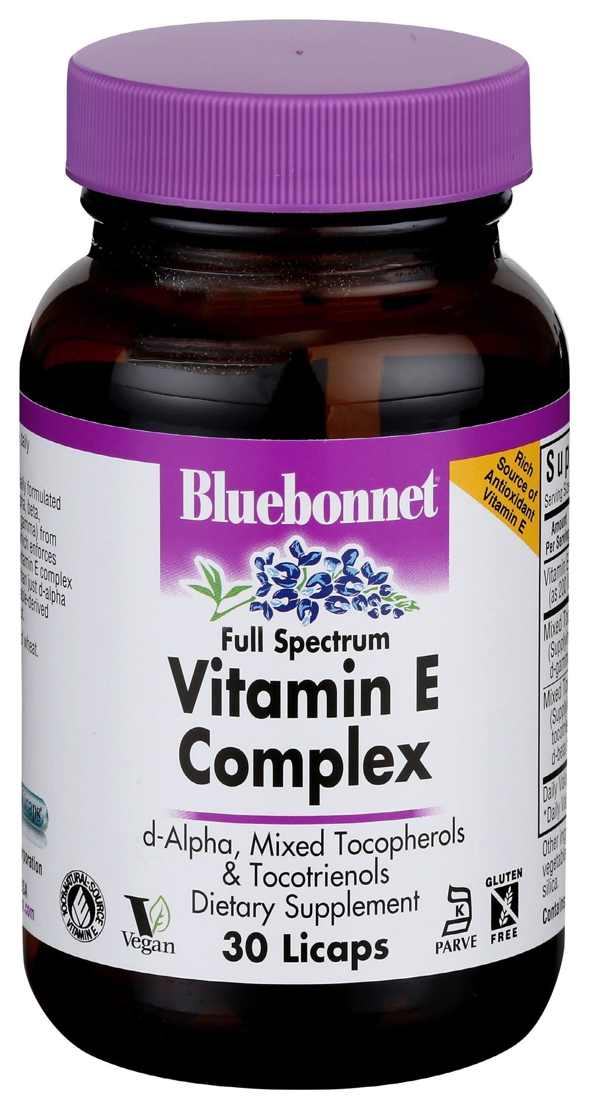 Flacon de BlueBonnet Complex de Vitamine E Liquide 30 Capsules