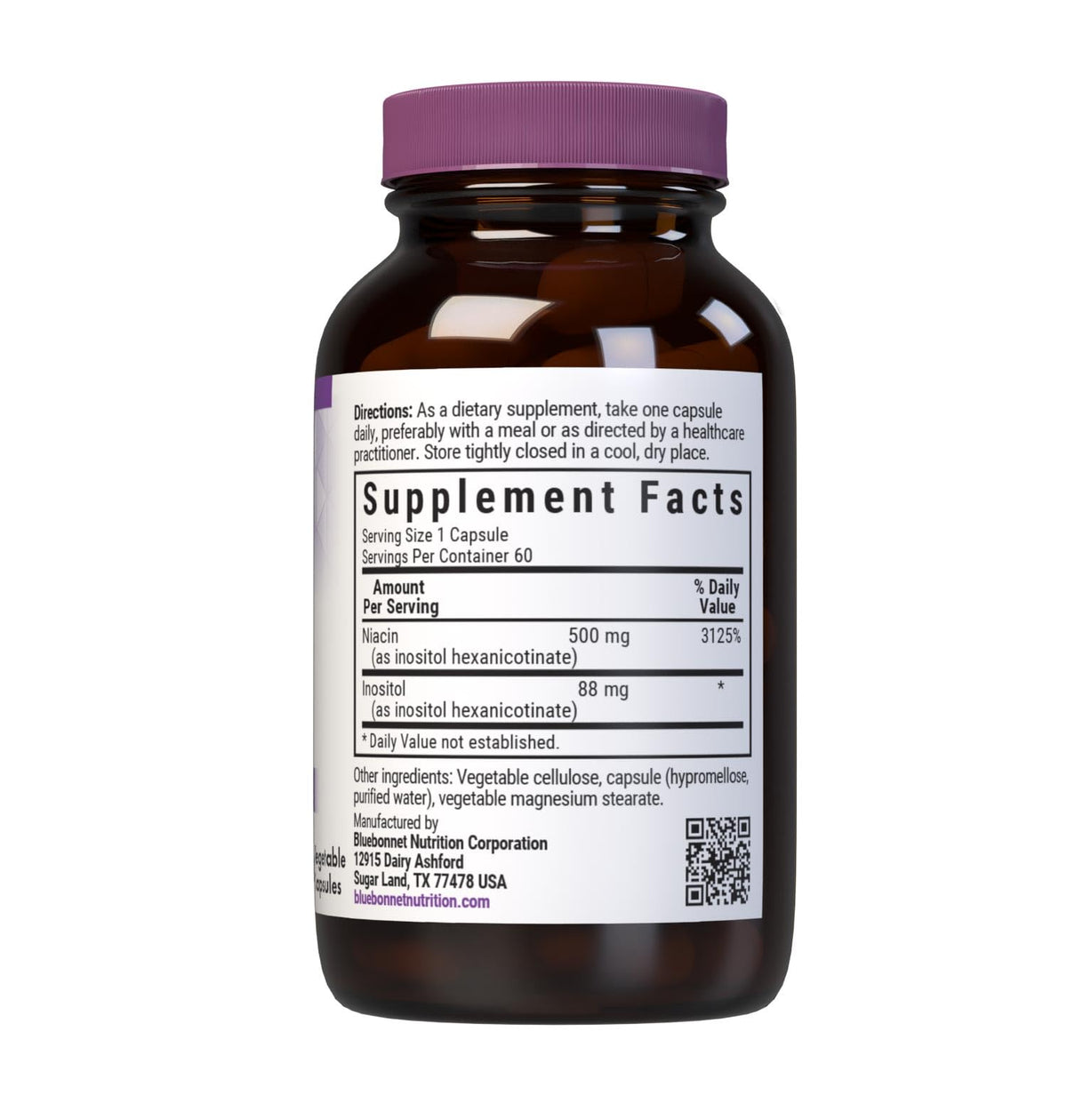 Flacon de BlueBonnet Niacine Flush-Free 500 mg avec étiquette