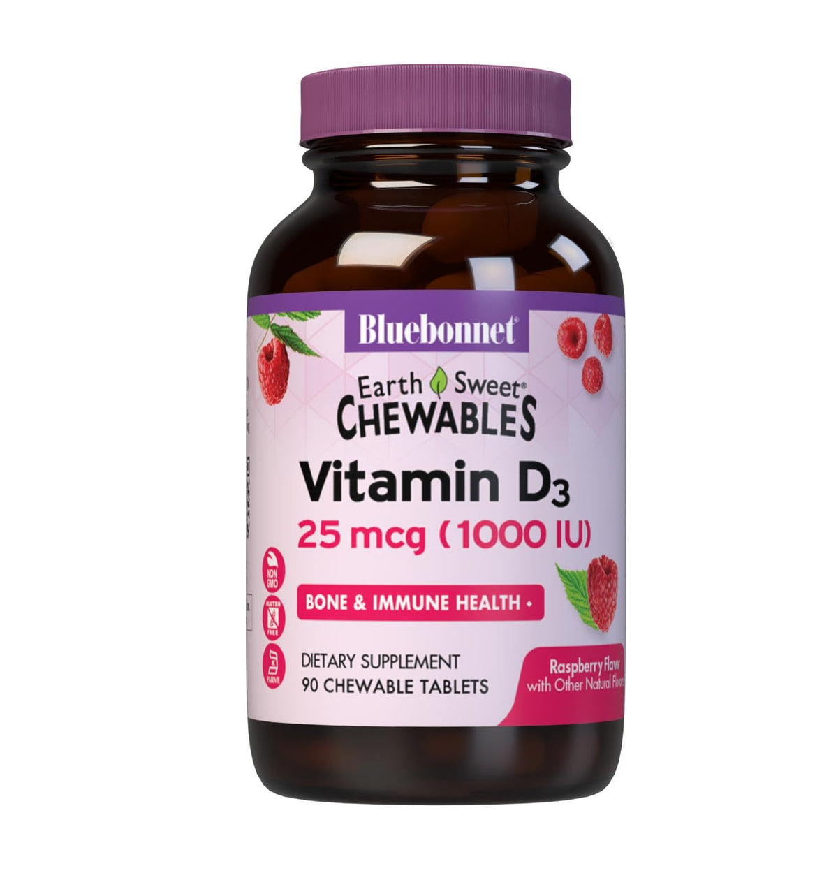 Flacon de BlueBonnet Vitamine D3 1000 IU 90 comprimés à mâcher vue de face