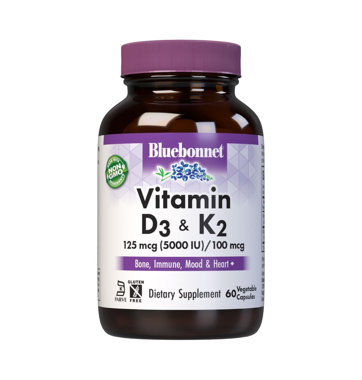Flacon de BlueBonnet Vitamine D3 & K2 60 capsules vue de face