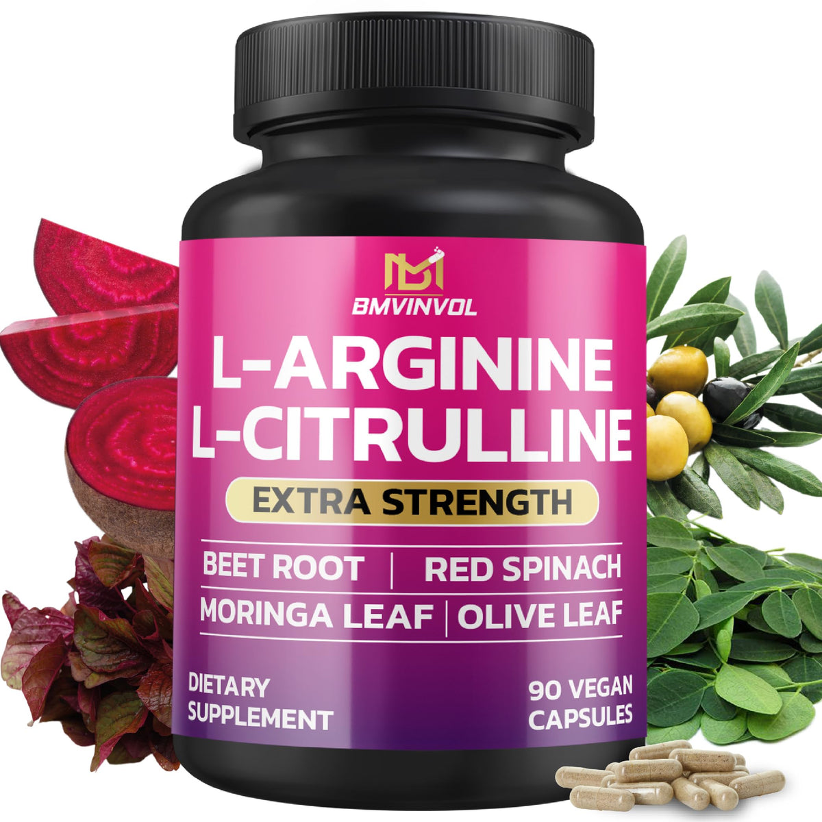Flacon de BMVINVOL L-Arginine 90 capsules vue de face