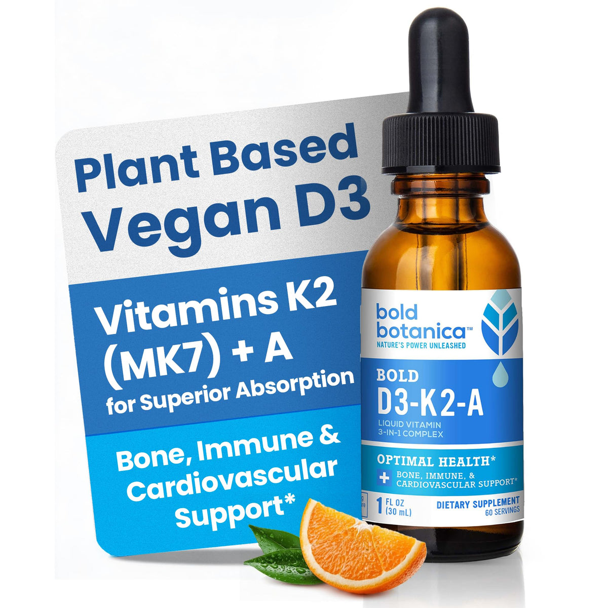 Flacon de Bold Botanica D3 K2 A Gouttes de Vitamines Liquides 60 Servings