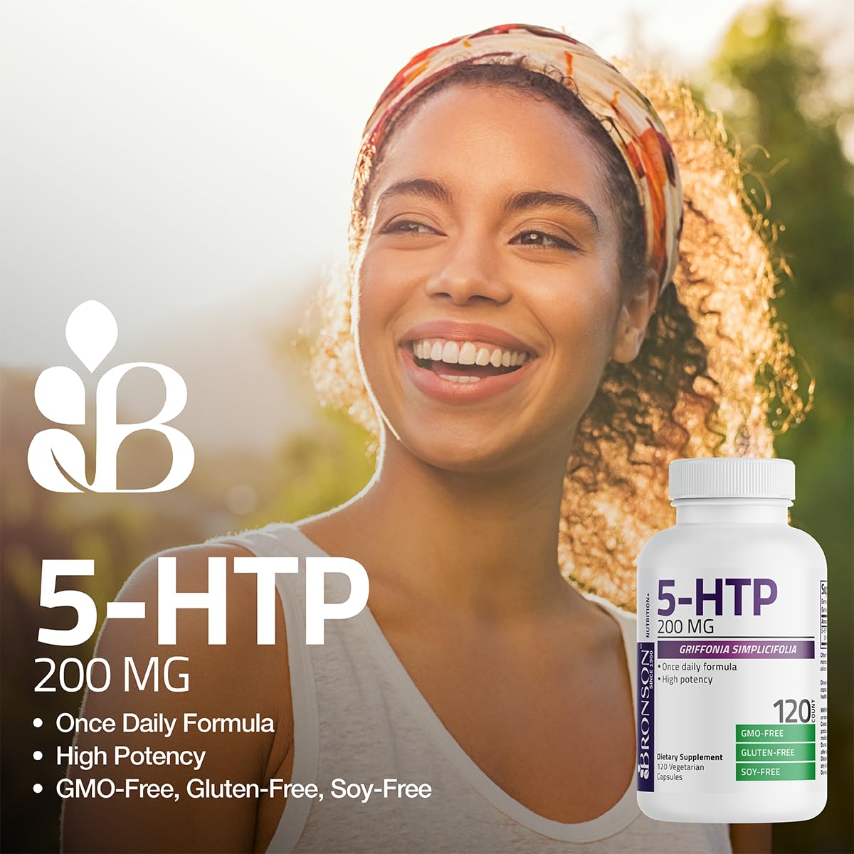 Flacon de Bronson 5-HTP 200mg sur une surface blanche