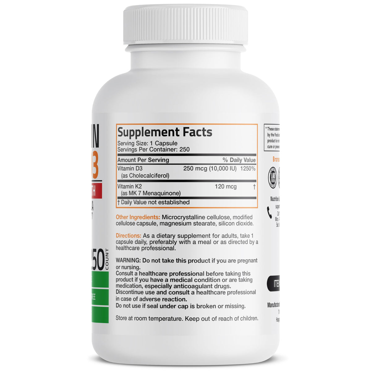 Flacon de Bronson K2 D3 Extra Fort 250 Capsules avec étiquette