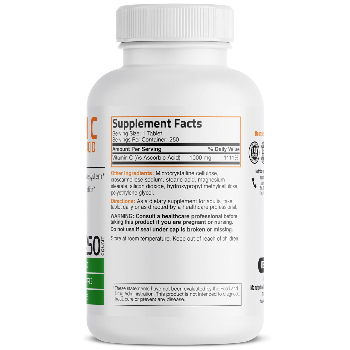 Flacon de Bronson Vitamine C 1000mg 250 comprimés, étiquette visible