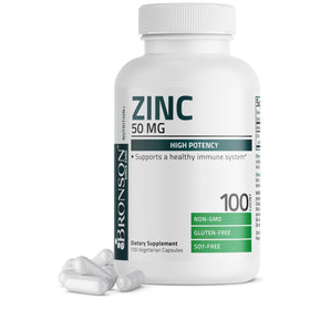Flacon de Bronson Zinc Complex 50 mg contenant 100 capsules végétariennes